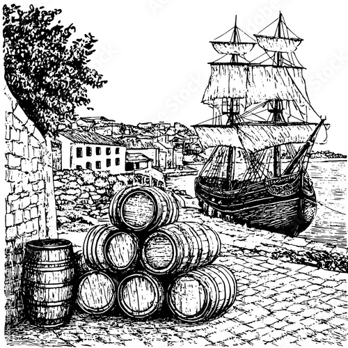 Engraved vintage illustration of a ship and barrels near a coastal village