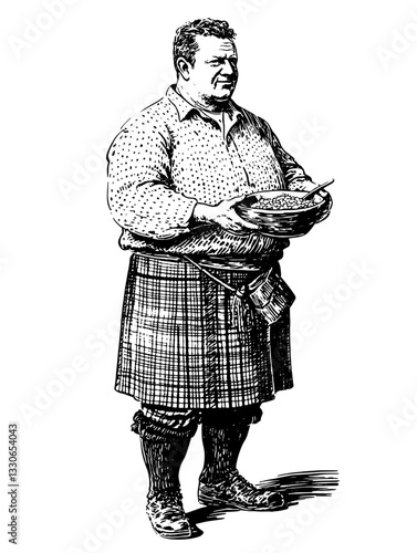 Engraved vintage illustration of a man in a kilt holding a bowl in a traditional kitchen setting