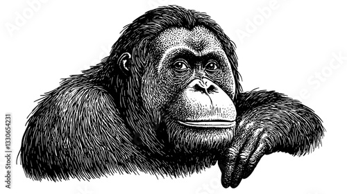 Detailed engraved vintage illustration of a gorilla resting with a thoughtful expression for product and tattoo design