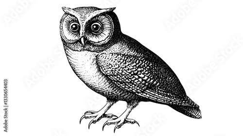 Vintage hand-drawn illustration of an owl with intricate details suitable for tattoo and packaging design