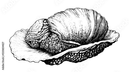 Intricate hand-drawn vintage illustration of a shell and mollusk captured in elegant detail for design and art projects