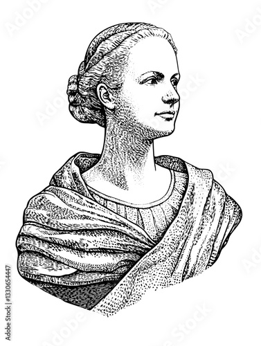 Engraved vintage illustration of a woman with a detailed shawl and elegant hairstyle suitable for tattoo and product design