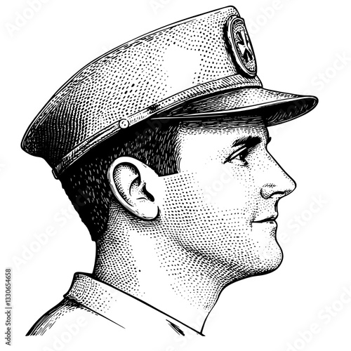 Uniformed officer profile in detailed vintage engraving style showcasing hand-drawn artistry