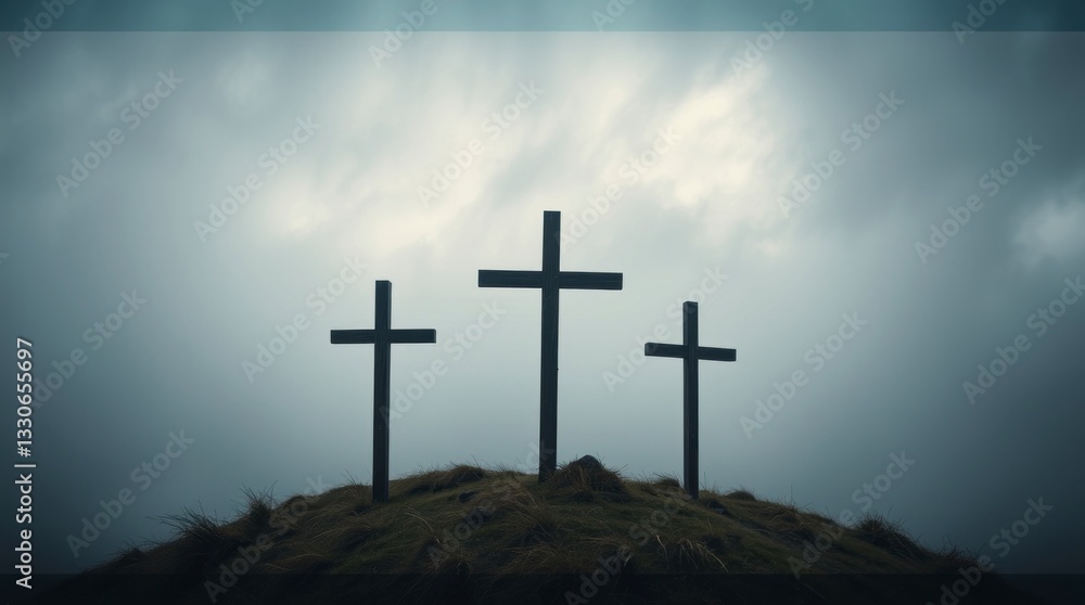 Naklejka premium Three Crosses Silhouette on Hilltop Under Cloudy Sky