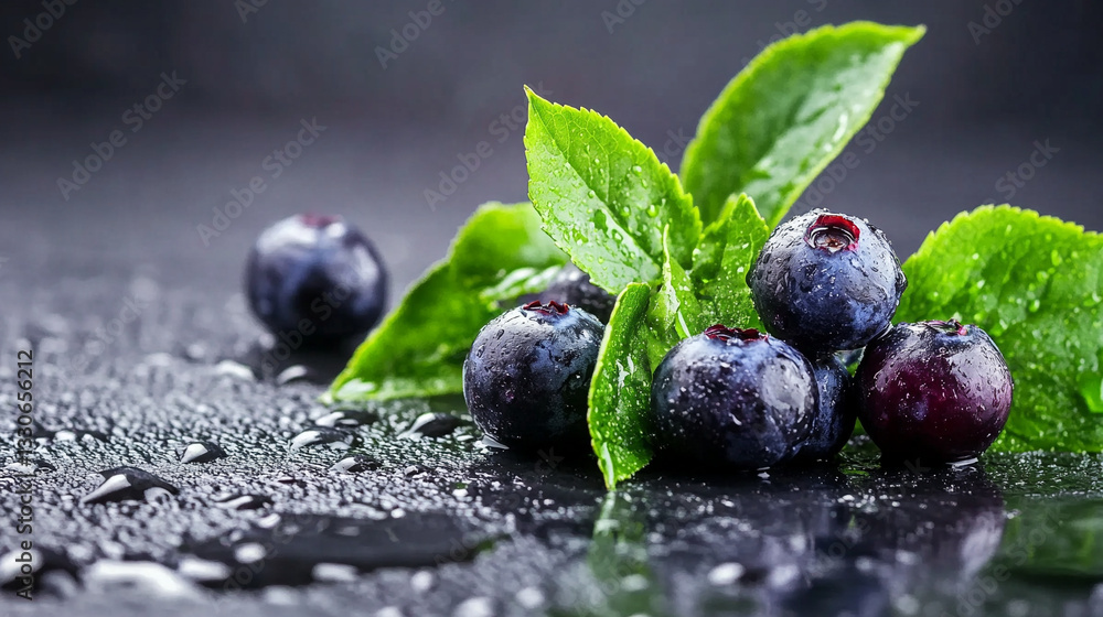 Fresh ripe blueberries on a green leaf with a close-up view of the berries.