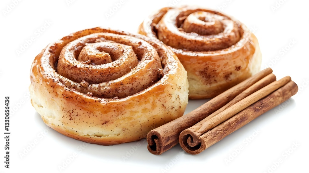 Fototapeta premium Two cinnamon buns and cinnamon sticks isolated