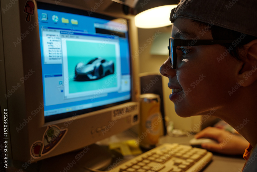 Boy wearing glasses and cap smiling while working on computer. Screen displaying automotive design software creating innovative project featuring futuristic car model Boy wearing glasses and cap smiling while working on computer. Screen displaying automotive design software creating innovative project featuring futuristic car model