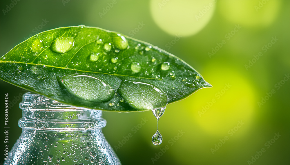 Fototapeta premium Droplet falling from a leaf into a bottle. Essence of herbal medicine. Light green background. Concept of holistic health, plant-based cures, and sustainable wellness