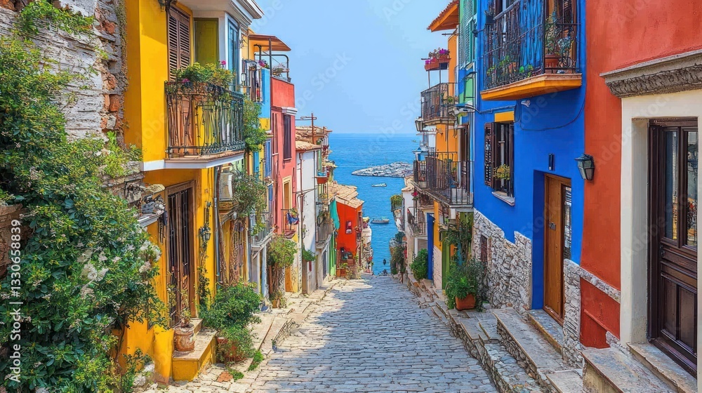 Fototapeta premium Vibrant Coastal Town: A Hillside of Colorful Houses Overlooking the Sea