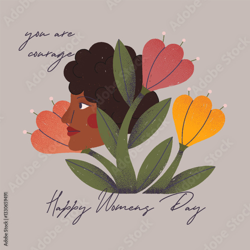 Happy Women's Day greeting card.Illustration of black confident woman sitting in flowers symbolizing feminism and women's empowerment.8 march girl power movement,equal rights and self care concept.