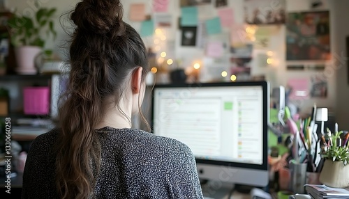 Woman Working At Home Office Computer Back View Free Download Woman Working At Home Office Computer Back View - GFXLoad