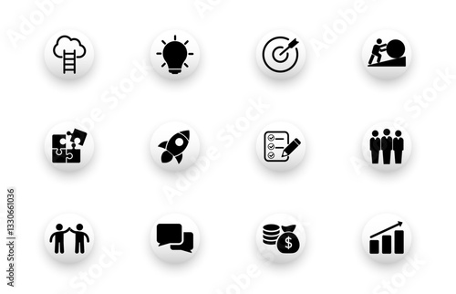 Icons about startup, rocket, goals, team, finance, career ladder. Solid vector icon set.