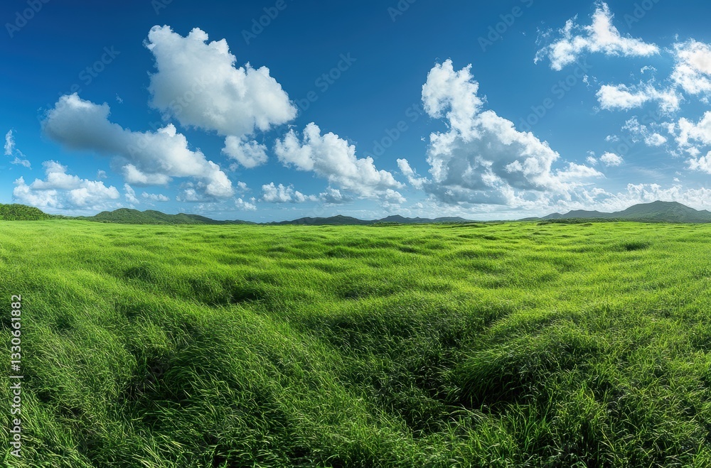 Fototapeta premium Lush Green Meadow Under Bright Blue Sky with Fluffy White Clouds and Rolling Hills in Background, Panoramic Nature Landscape Under Bright Sunlight