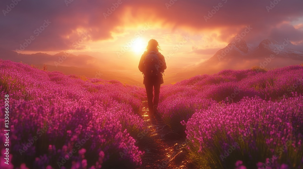 Fototapeta premium Hiker in Lavender Field at Sunrise