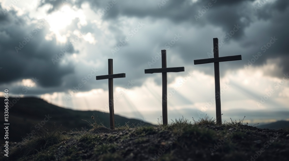 Three Wooden Crosses Silhouette on Hilltop Under Dramatic Sky Three Wooden Crosses Silhouette on Hilltop Under Dramatic Sky