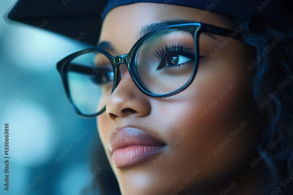 Fototapeta premium Thoughtful Black woman wearing glasses and graduation cap looks off into the distance.