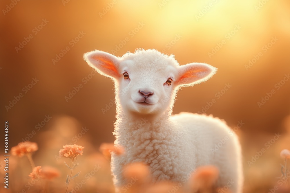 Obraz premium Cute lamb stands among vibrant flowers under a warm evening glow in a serene countryside setting
