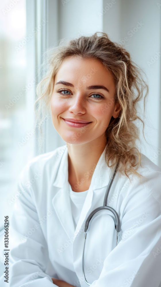 Portrait of smiling female doctor wearing white coat and stethoscope posing near window in hospital Portrait of smiling female doctor wearing white coat and stethoscope posing near window in hospital
