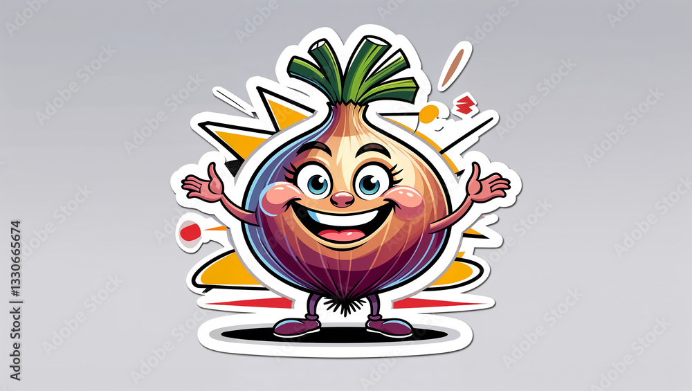 Naklejka premium sticker cute happy cartoon onion drawn , flat design illustration