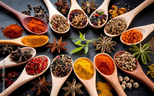 Fototapeta Naklejka Na Ścianę i Meble -  Assorted spices and herbs in wooden spoons colorful spice collection for cooking and culinary arts use	