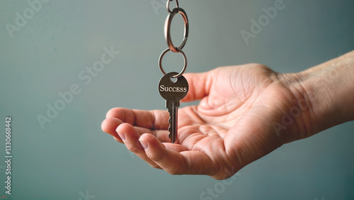 Hand handing over the key to success on a blurred golden background.