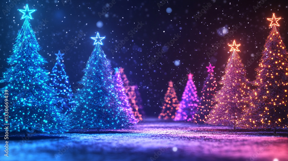 Neon Christmas Trees With Snowflakes Creating A Festive And Magical Winter Wonderland Scene With A Glowing Holiday Atmosphere