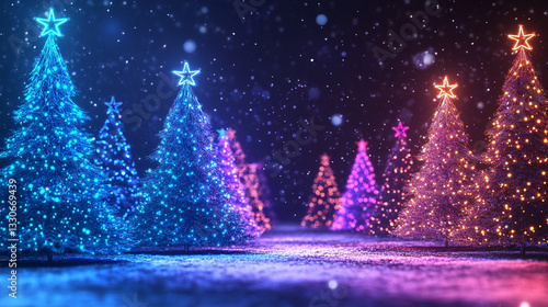 Obraz na płótnie Neon Christmas Trees With Snowflakes Creating A Festive And Magical Winter Wonderland Scene With A Glowing Holiday Atmosphere
w salonie