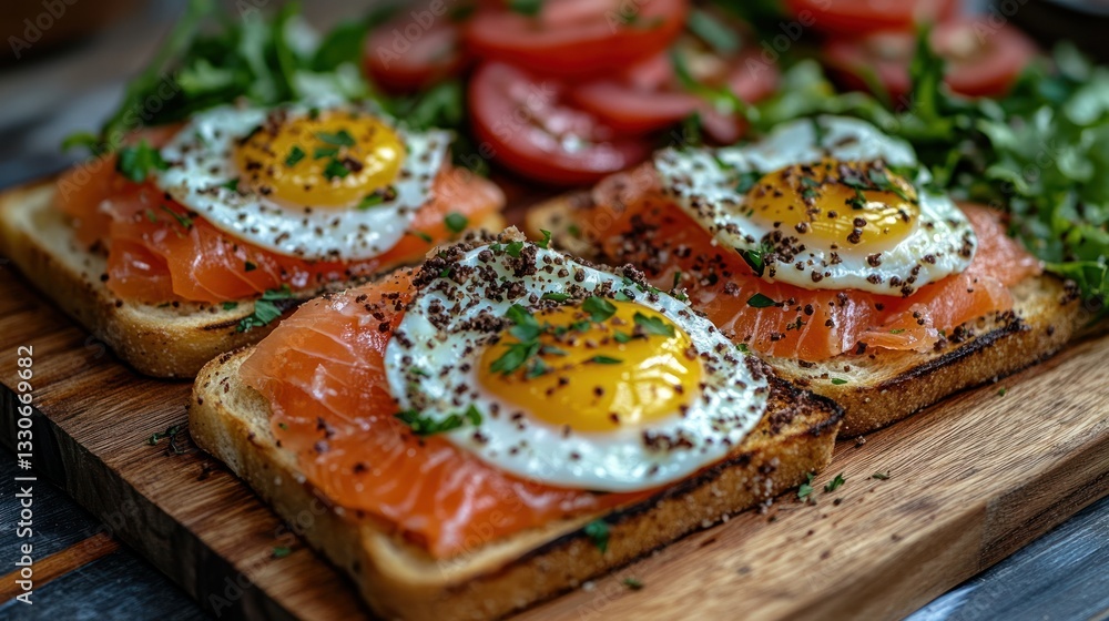 Open-faced toast with smoked salmon, fried eggs, and greens Open-faced toast with smoked salmon, fried eggs, and greens
