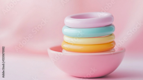 Obraz na płótnie Pastel Coloured Rings Stacked In A Pink Bowl Creating A Soft And Aesthetic Composition With A Playful And Minimalist Design.
w salonie