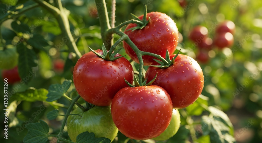 Obraz premium Ripe red tomatoes with dewdrops on green plants in a garden
