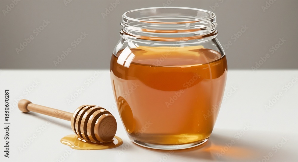 Honey jar with wooden dipper on a light background Honey jar with wooden dipper on a light background