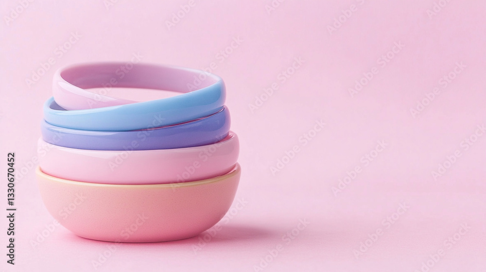 Pastel Colored Rings Stacked In A Pink Bowl Background Creating A Soft Aesthetic With A Minimalist And Modern Composition.