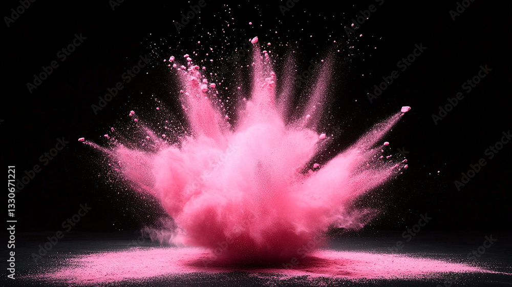 Pink Powder Explodes From A Makeup Brush In A Dramatic Slow Motion Display Against A Dark Background Creating A Stunning Effect.