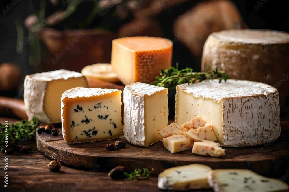 Cheese Assortment: Rustic Selection of Fine Cheeses on Wooden Board Cheese Assortment: Rustic Selection of Fine Cheeses on Wooden Board