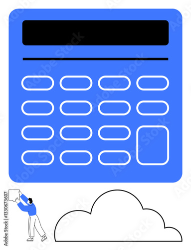 Oversized calculator with abstract cloud below and a person holding a data block. Ideal for technology, cloud computing, data storage, finance, analytics, applications, digital processes. Flat simple