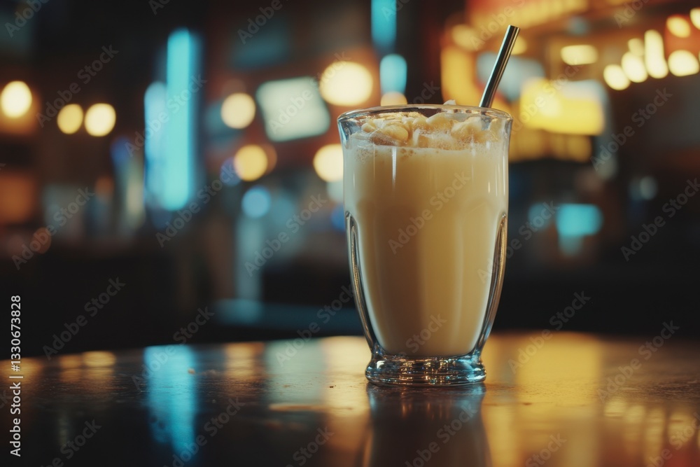 Creamy Milkshake with Nuts and a Metal Straw on a Wooden Table in a Bar or Restaurant Creamy Milkshake with Nuts and a Metal Straw on a Wooden Table in a Bar or Restaurant