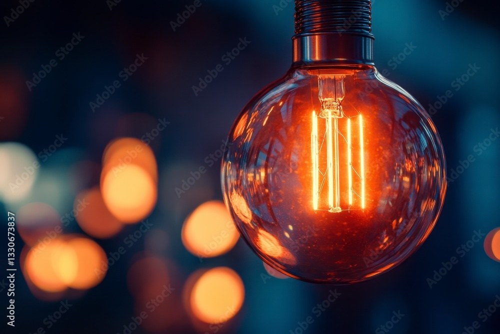 Glowing Round Edison Bulb Illuminates Dark Background with Soft Bokeh Effect Glowing Round Edison Bulb Illuminates Dark Background with Soft Bokeh Effect