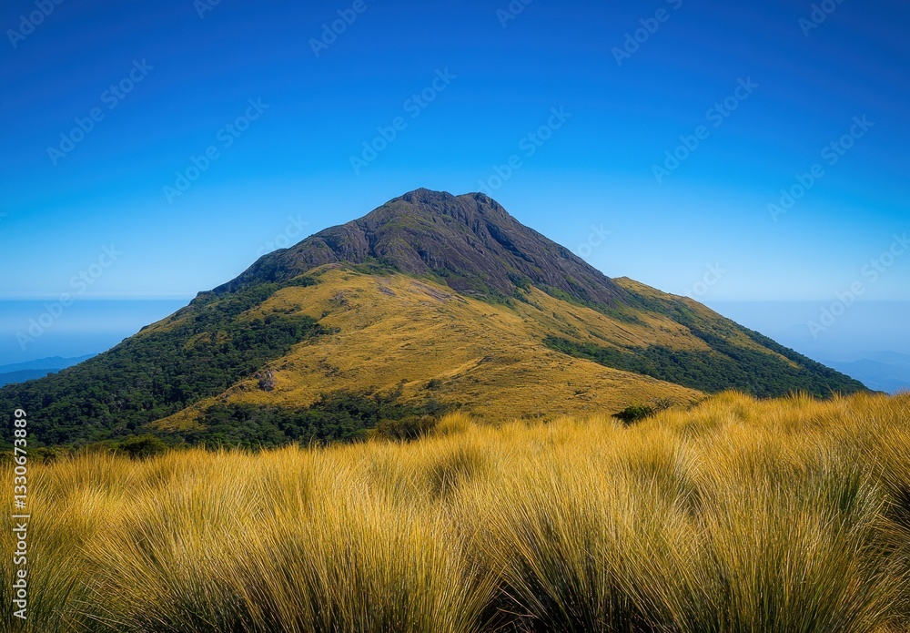 Majestic Green Mountain Surrounded by Vibrant Grass Under a Clear Blue Sky in Nature Landscape Majestic Green Mountain Surrounded by Vibrant Grass Under a Clear Blue Sky in Nature Landscape