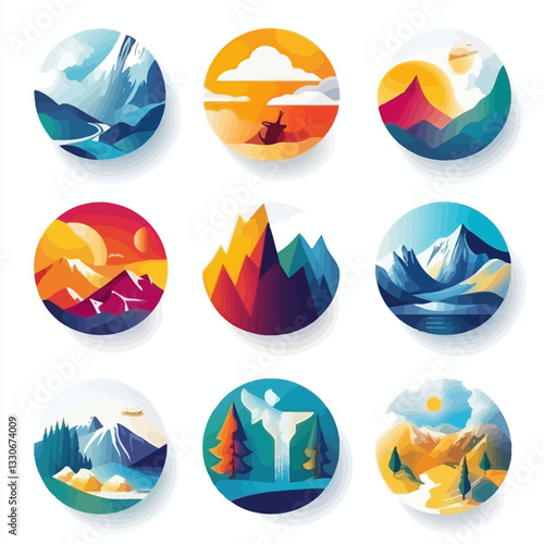 Abstract Mountain Landscape Icons Collection Colorful Vector Designs