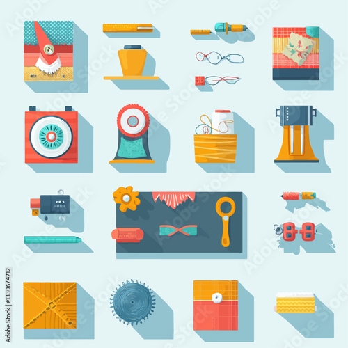 Flat lay of sewing and tailoring tools and equipment in various colors