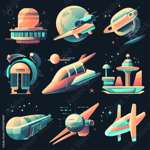 Retro Future Concept with Spaceships and Space Stations on a Dark Background