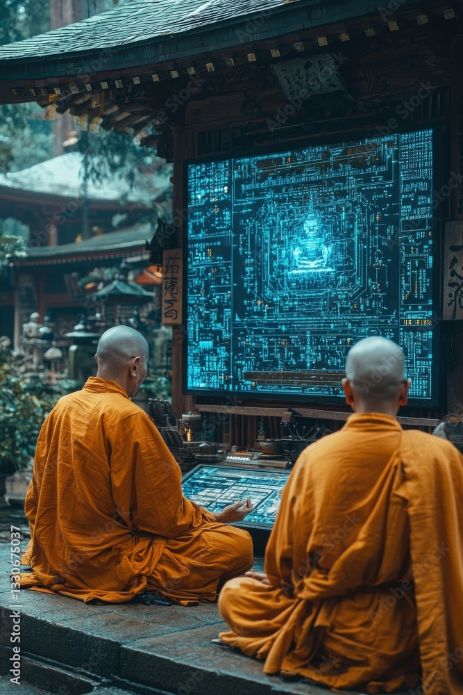 Naklejka premium Monks using technology to explore meditation in a serene temple garden during a cloudy afternoon