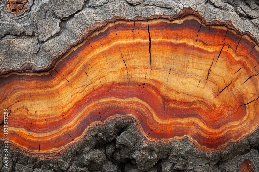 Colorful cross-section of ancient tree trunk reveals intricate patterns and textures in natural wood Colorful cross-section of ancient tree trunk reveals intricate patterns and textures in natural wood