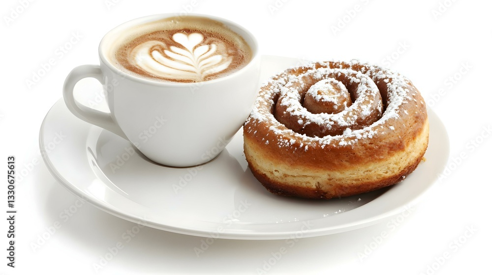 A cinnamon roll and a latte coffee on a white A cinnamon roll and a latte coffee on a white