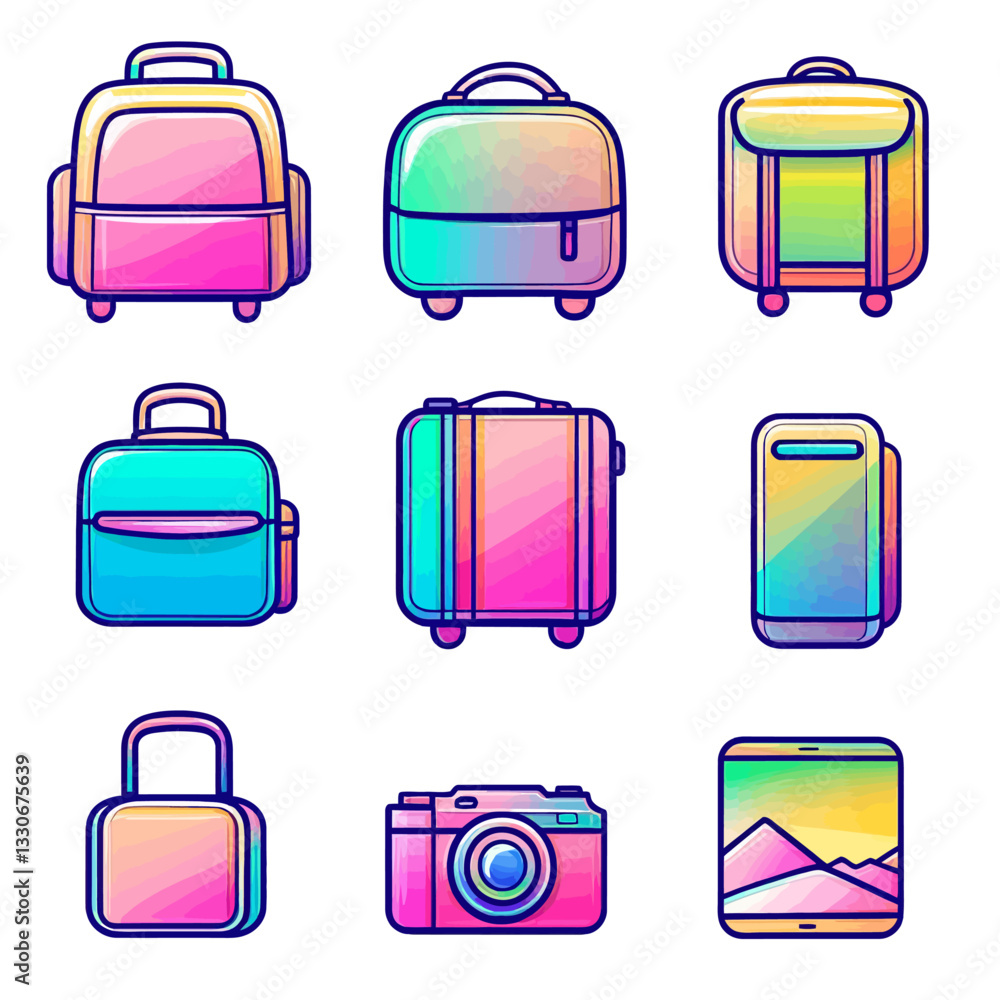 Colorful Travel Icons: Suitcases, Backpacks, Camera, and Tablet Set Colorful Travel Icons: Suitcases, Backpacks, Camera, and Tablet Set