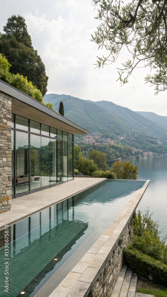 Fototapeta premium Modern Lakeside Villa with Infinity Pool and Mountain View - Serene Italian Retreat