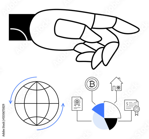 Hand illustrating innovation, globe with arrows, blockchain, cryptocurrency, financial sectors, pie chart analysis. Ideal for technology, globalization, innovation fintech blockchain