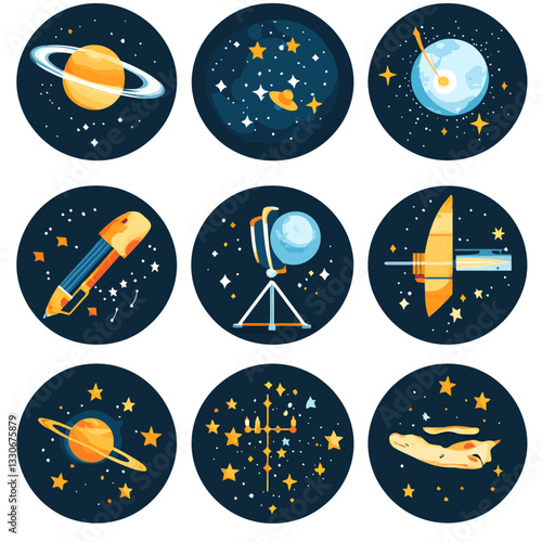Astronomy Icon Set of Planets, Stars, and Space Exploration Equipment