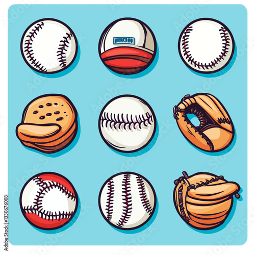 Baseball Equipment: Balls and Mitts on Blue Background