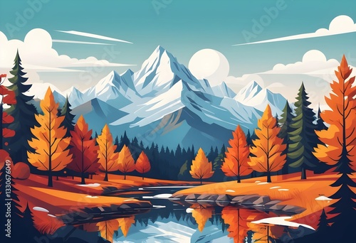 Vector illustration of a stunning autumn mountain landscape featuring snowy mountains, colorful fall forests, and a peaceful travel concept, ideal for prints, flyers, and backgrounds.